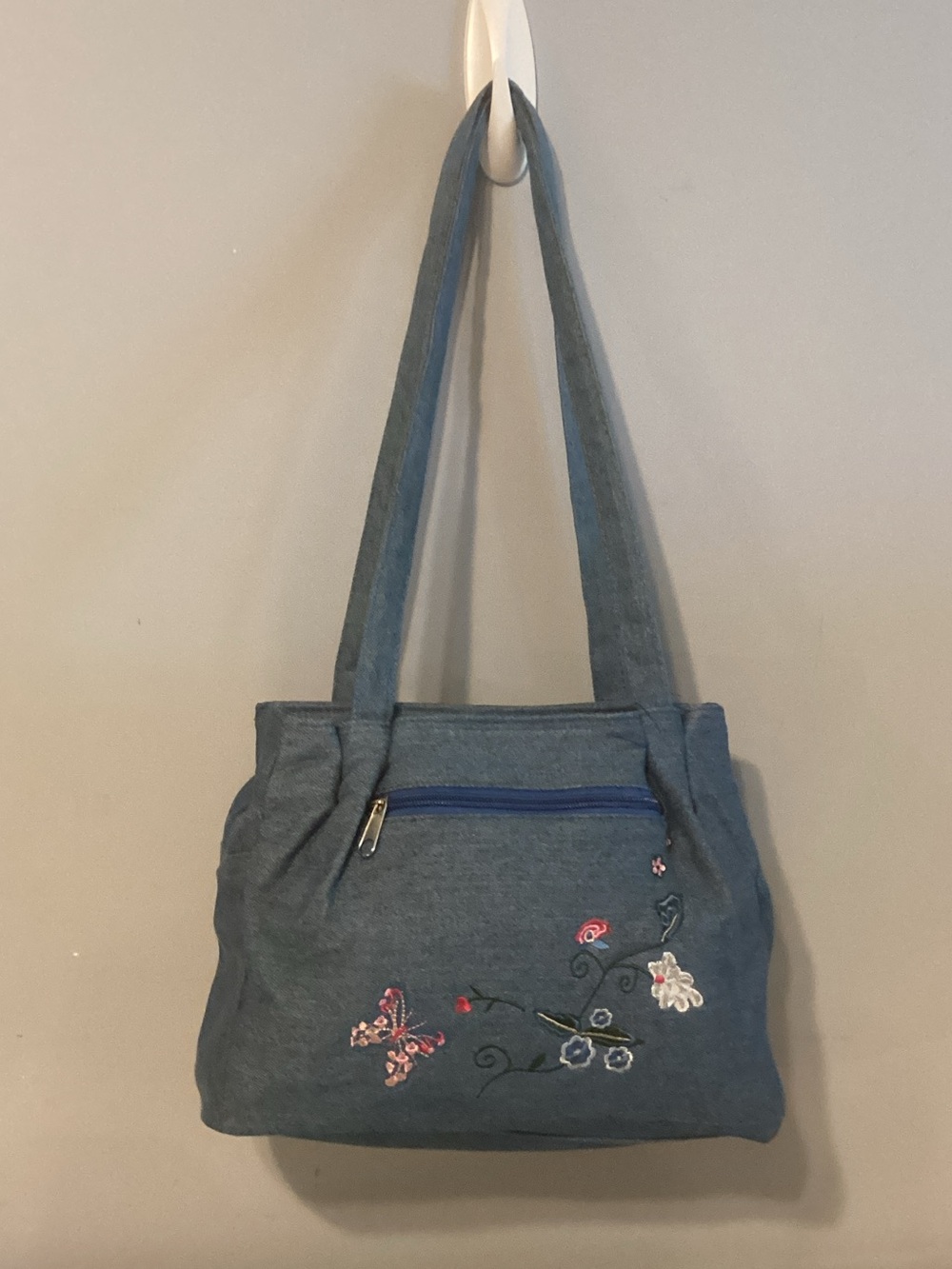 Blue Women's Shoulder Bag with Floral Embroidery